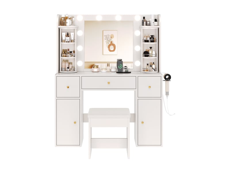 Coiffeuse blanche avec miroir et éclairage led variable, organisateur à bijoux rotatif, station de charge usb-c et support sèche-cheveux, 3 tiroirs et 2 armoires - Conforama A