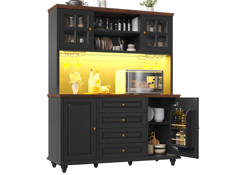  Buffet cuisine 4 portes et 4 tiroirs, 140 x 40 x 179,5 cm, éclairage led, étagères réglables, rangements latéraux et porte-verres, mdf, noir Morn Vibe - Conforama A