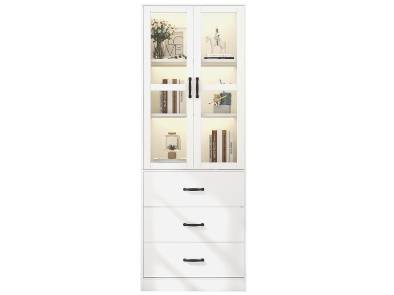  Vitrine haute de rangement 60 x 40 x 200 cm avec 2 portes vitrées, 3 tiroirs, 2 étagères réglables, éclairage led, poignées noires, mdf, blanc  - Conforama A