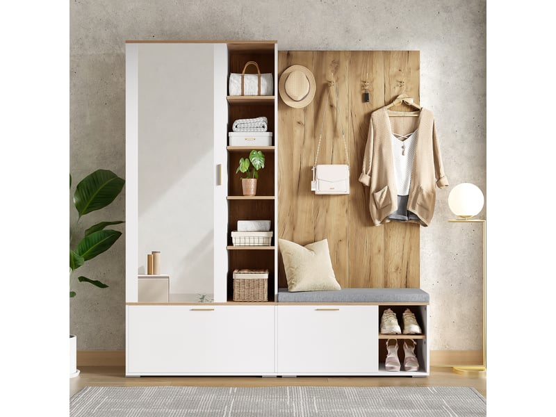  Meuble d'entrée 160x38x180cm avec banc rembourré, meuble à chaussures à abattants, miroir, tringle extensible et 4 patères, blanc et naturel  - Conforama B