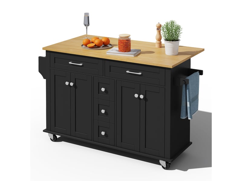  Desserte de cuisine extensible 120x65 cm avec plan de travail rabattable, 5 tiroirs et placards, mdf, noir et naturel  - Conforama A