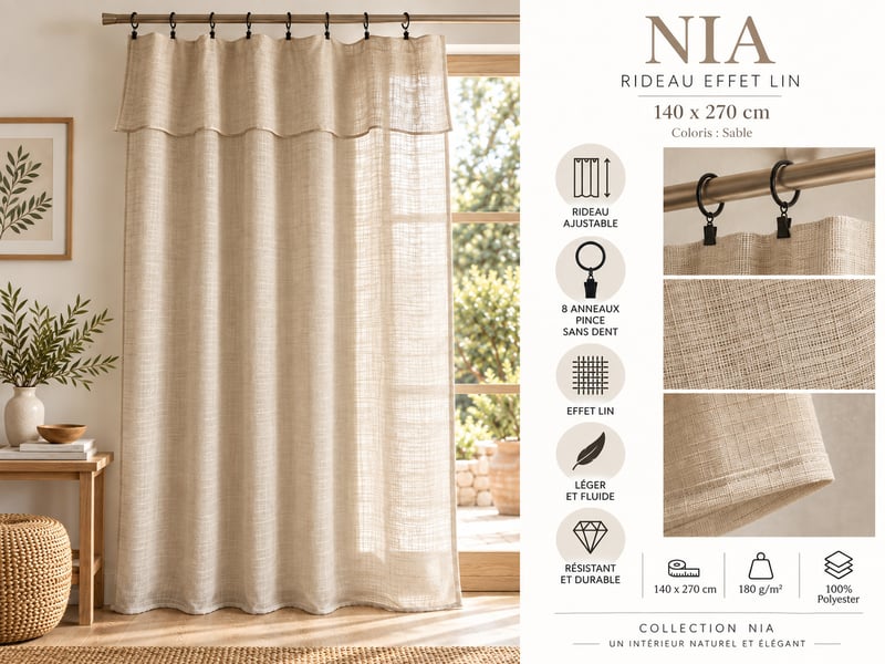  Rideau ajustable + 8 anneaux pince 140 x 270 cm polyester effet lin nia sable 15660 - Conforama C