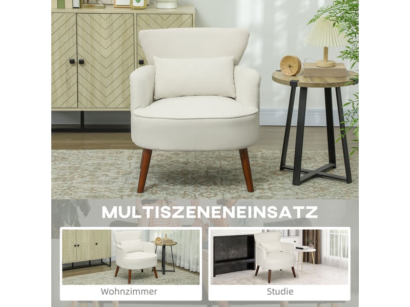  Fauteuil rembourré avec coussin lombaire lavable et pieds en bois, polyester blanc crème  - Conforama D