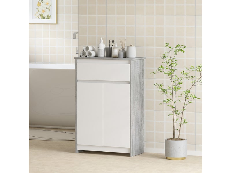  Meuble salle de bain gris et blanc avec tiroir et deux portes, 60 x 30 x 90 cm  - Conforama D