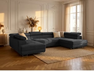 Canapé droit convertible 6 places Velours gris avec coffre de rangement