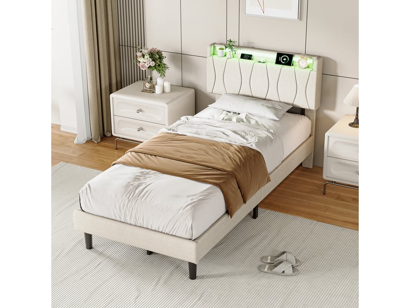  Lit simple capitonné 90x200cm avec cadre de lit à lattes et lumière led, tête de lit, beige  - Conforama E