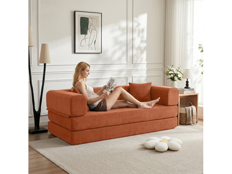  Canapé-lit convertible 200x100x70 cm pliable velours côtelé orange sans matelas  - Conforama B