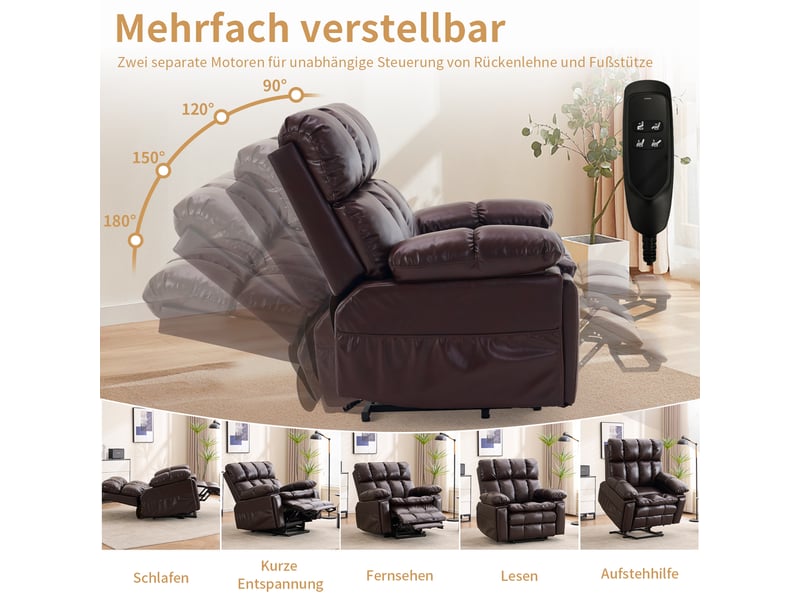 Fauteuil releveur électrique marron, relax deux moteurs, massage chauffant, inclinaison 90 à 182° pour salon - Conforama D