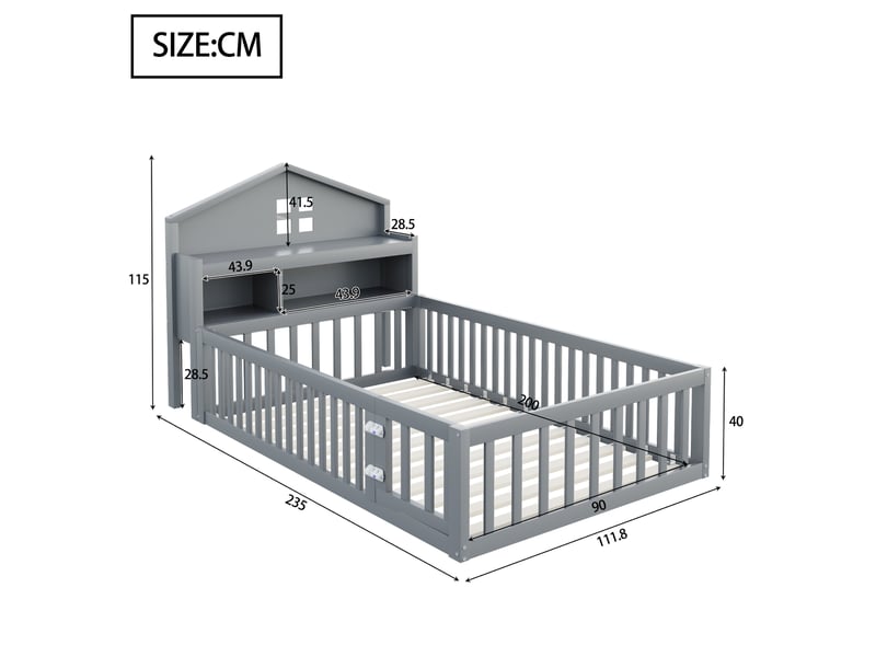  Lit enfant 90x200 cm avec étagère, tableau noir, garde-corps et sommier, forme de maison, bois gris, sans matelas  - Conforama C