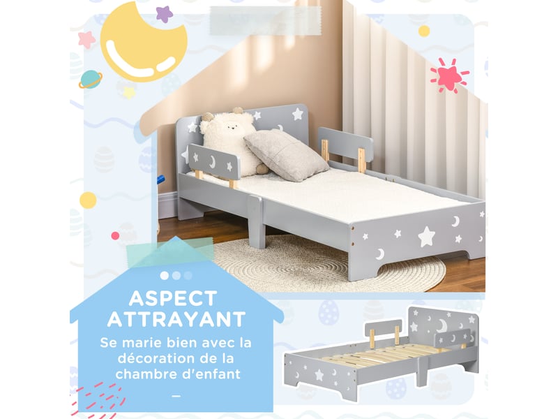  Lit pour enfants de 3 à 6 ans design étoiles et lune sommier à lattes inclus chambre moderne gris 143 x 76 x 49 cm  - Conforama A