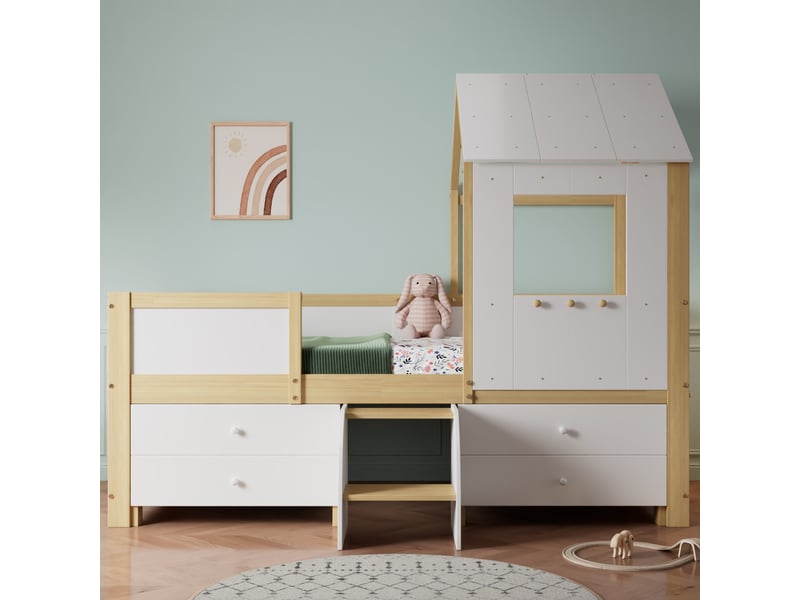  Lit maison pour enfant surélevé avec fenêtre, tiroirs de rangement et escalier, 90x200cm, blanc naturel  - Conforama E