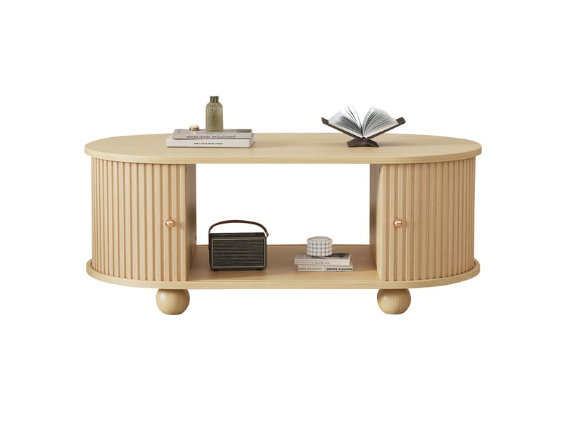  Table basse ovale bois 100x50x40 cm, table de salon mdf avec portes coulissantes, grand rangement, design moderne  - Conforama A