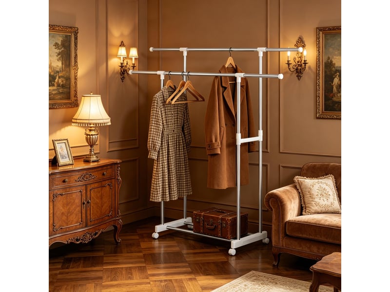 Portant à vêtements extensible sur roulettes, double barre, penderie ouverte - Conforama B