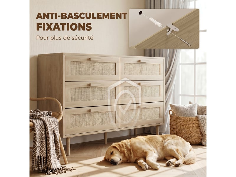  Commode 6 tiroirs meuble de rangement avec tissage en rotin dim. 110l x 40l x 75h cm aspect clair bois  - Conforama R