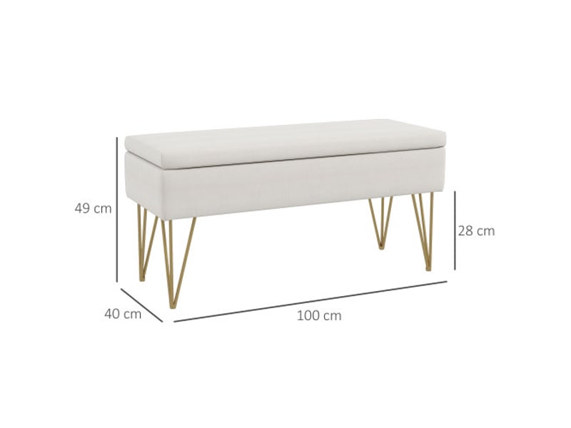  Banc coffre crème 100x40x49 cm, rembourré, aspect lin, pieds en acier, salon et chambre  - Conforama C