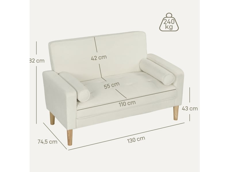  Canapé droit 130x74,5x82cm 2 places, allure moderne, assise confortable, meuble de salon, revêtement polyester, blanc  - Conforama C