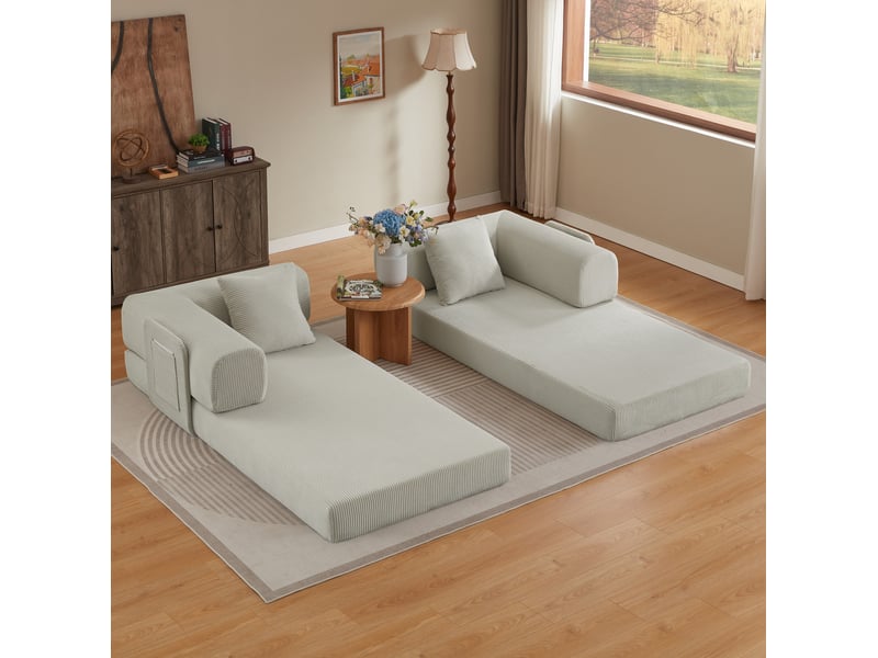  Canapé convertible modenvie 3 places en velours côtelé beige avec 2 coussins 204 x 192 x 48 cm  - Conforama D