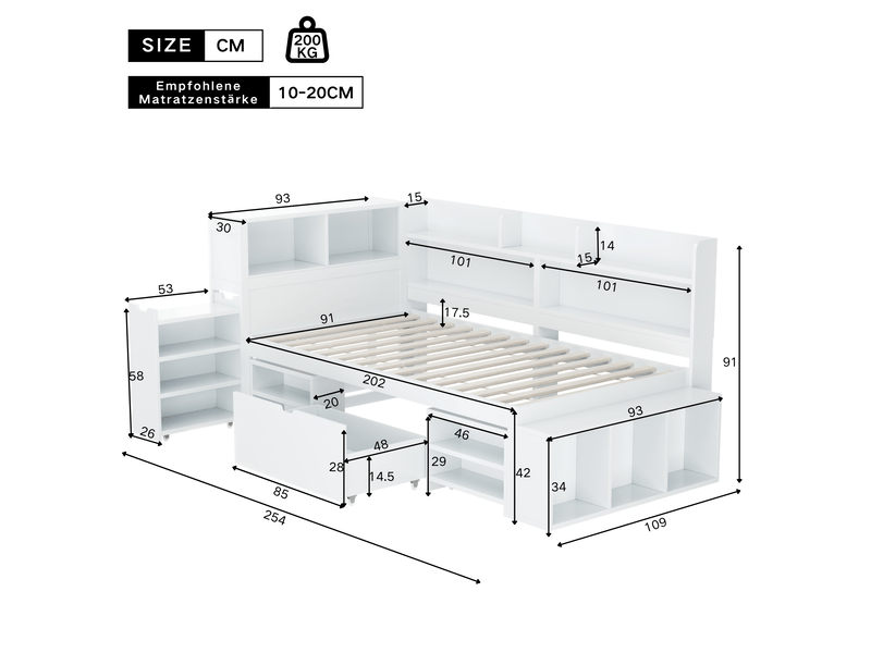  Lit combine enfant 90x200 cm avec rangements, tiroir et étagères blanc  - Conforama C