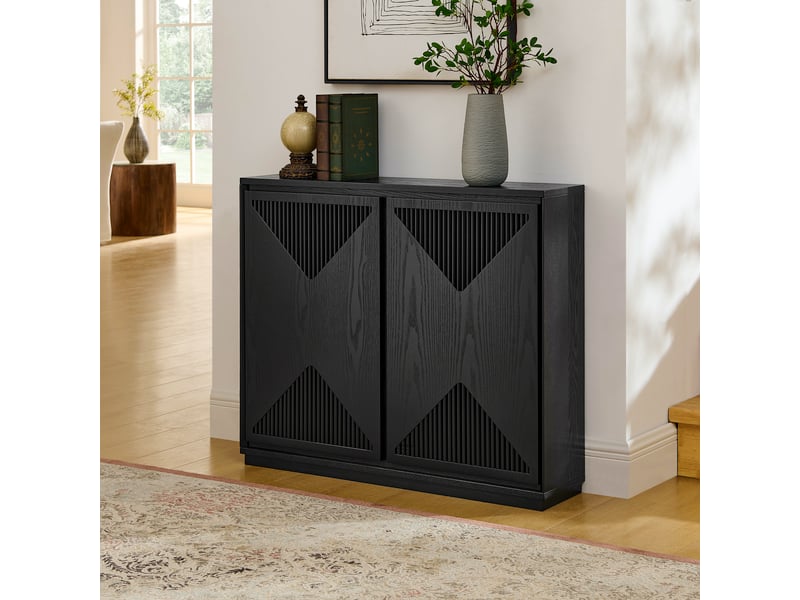  Buffet étroit 99x23,5 cm avec portes à motif chevron, rangement et pieds en bois massif, mdf, style mid-century, noir  - Conforama D