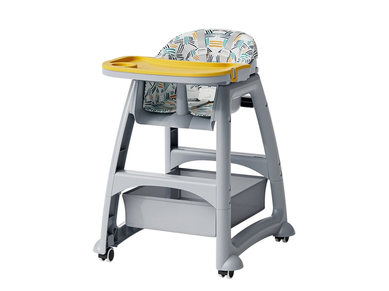  Chaise haute pour bébé - 58 x 59 x 78 cm-gris et multicolore - avec 3 plateaux amovibles, harnais de sécurité à 5 points et roulettes verrouillables  - Conforama A