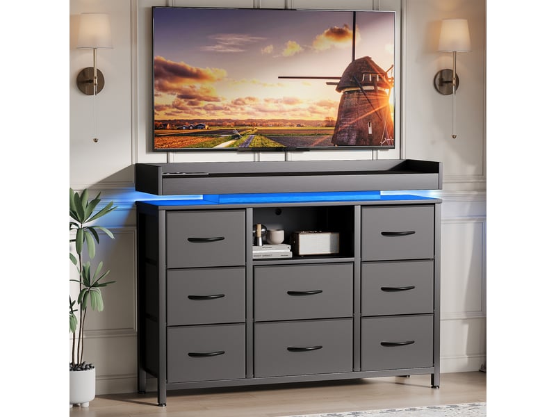  Commode 8 tiroirs, 108x30x88cm, led rgb et station de charge usb type-c, tiroirs en tissu, noir, pour chambre, dressing et salon  - Conforama B