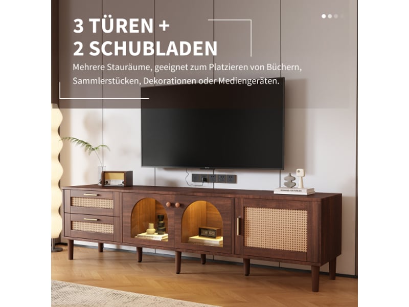  Meuble tv marron, 180 cm, pour téléviseurs de 80 pouces, support tv, 2 tiroirs en rotin, 2 portes vitrées, 1 porte en rotin, led  - Conforama B