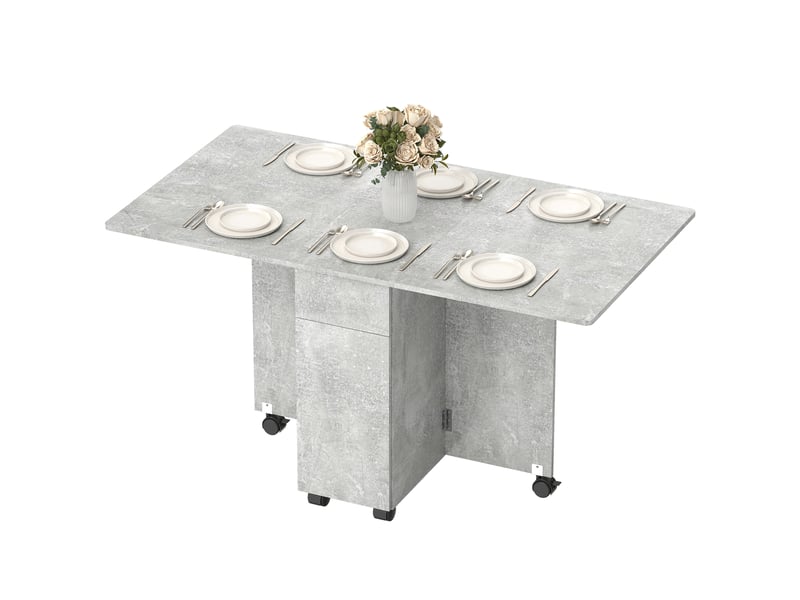  Table de salle à manger pliante sur roulettes avec 2 tiroirs, 2 portes et un placard, en bois, 140 x 76 x 74 cm, gris ciment  - Conforama B