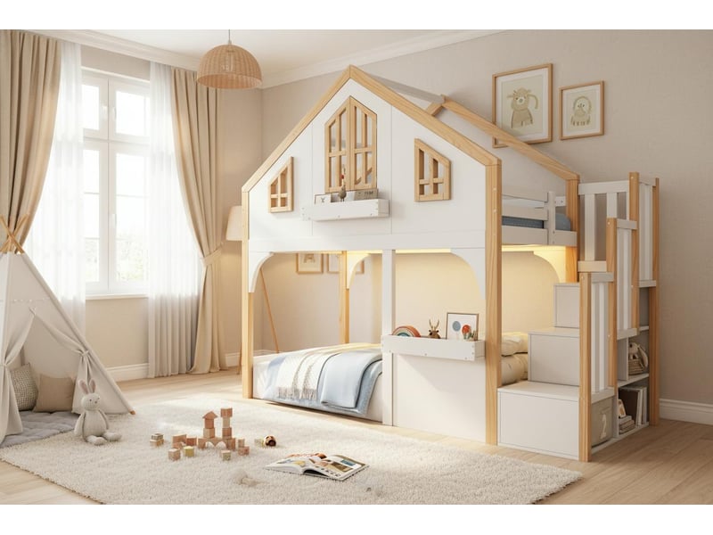  Lit mezzanine cabane 90 × 200 cm, escalier avec rangements, fenêtres et led, pin massif et mdf, blanc et naturel  - Conforama B