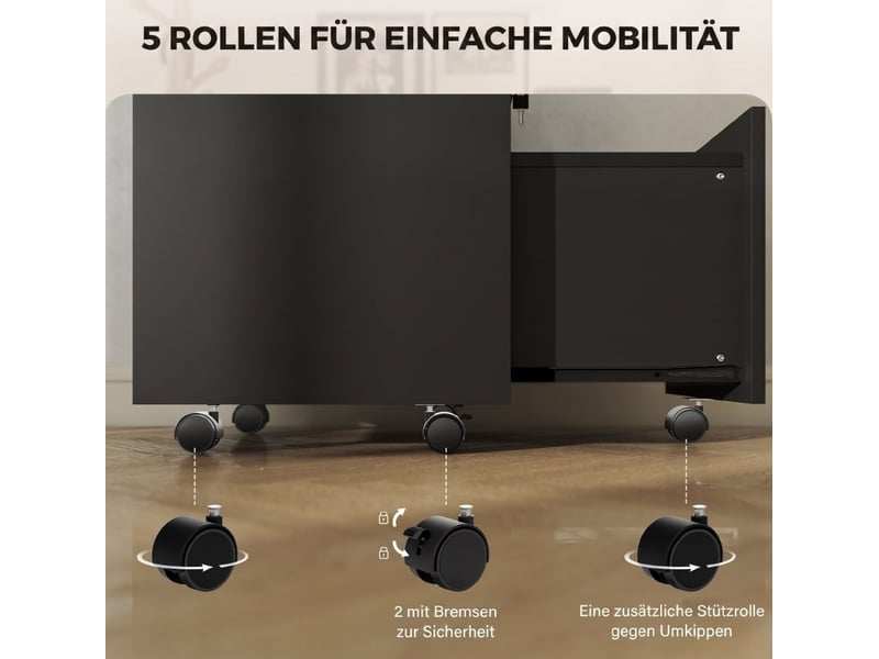  Caisson de bureau mobile noir en mdf, 2 tiroirs dont 1 verrouillable, 5 roulettes, 40 x 40 x 65 cm  - Conforama D