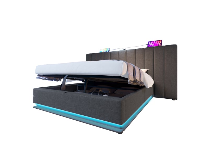  Lit coffre tcqpz 160 x 200 cm gris en lin avec led app usb-c et sommier  - Conforama A