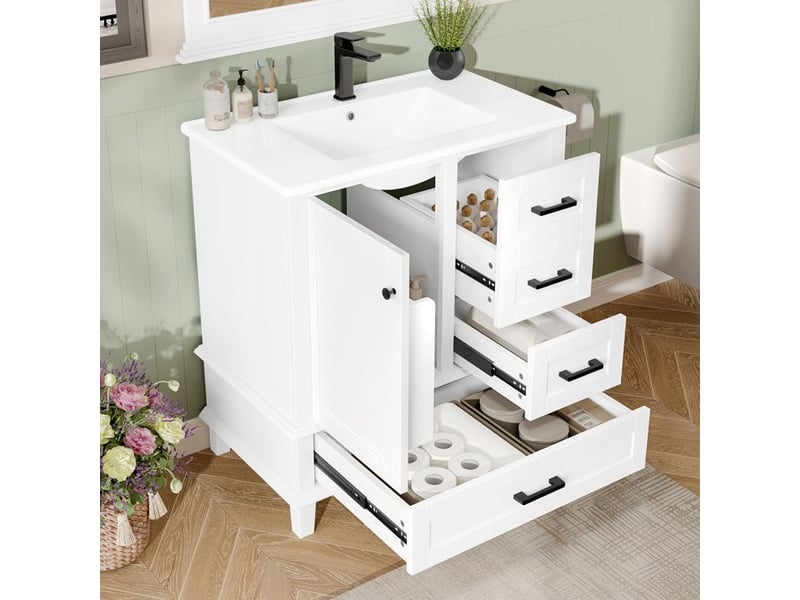  Armoire de salle de bain - blanc - lavabo intégré - 3 tiroirs silencieux 76x46x83.5cm - Conforama D