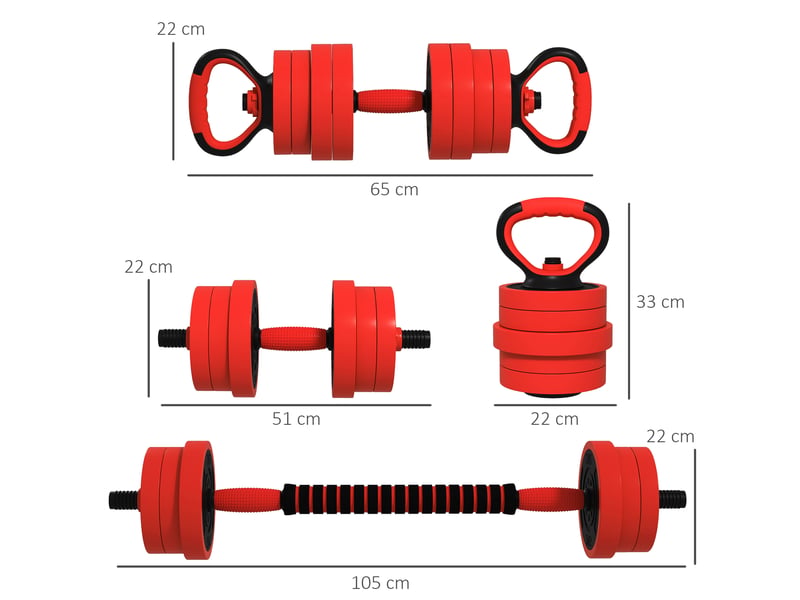 Kit de musculation 4 en 1 de 30 kg, convertible en kettlebell, comprenant 2 haltères, une barre et un support pour pompes, rouge. - Conforama E