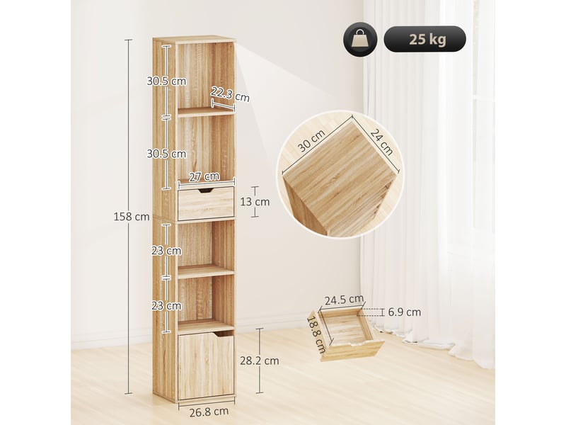 Bibliothèque ouverte à 4 niveaux avec placard et tiroir, 30 x 24 x 158 cm, couleur bois  - Conforama E
