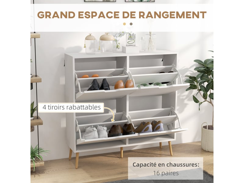  Meuble à chaussures 4 abattants 16 paires avec étagère réglable pieds en bois de pin 95 x 26 x 95 cm blanc  - Conforama E
