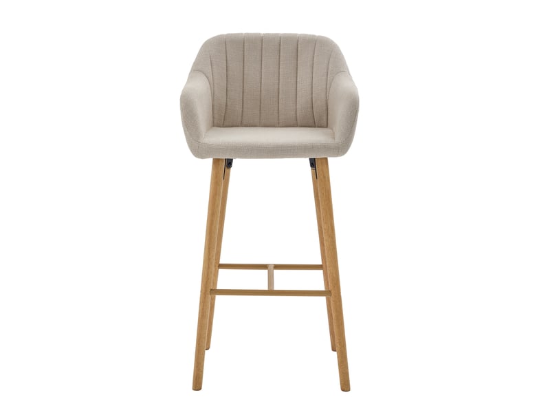 Lot de 2 tabourets de bar 58,5x55x104 cm  hauts dossier et accoudoirs mousse haute densité tissu lin pieds bois beige  - Conforama A