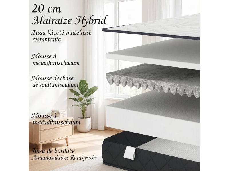  Matelas 160x200x20 cm pour 2 personnes, hybride en mousse à mémoire de forme et polyester, blanc et gris, 1 pièce  - Conforama E