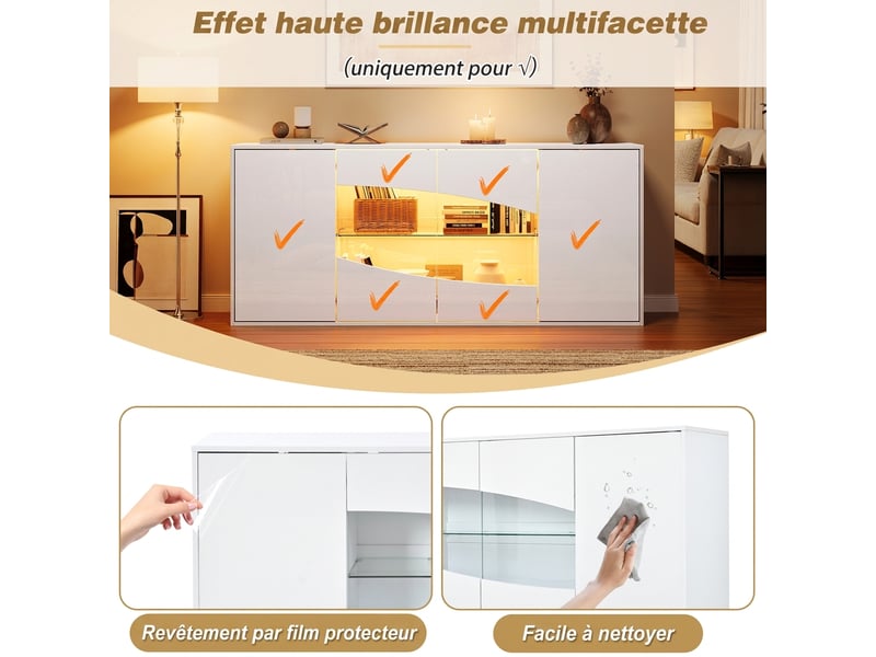  Buffet blanc laqué 160 cm avec éclairage led rgb, 4 portes dont 2 vitrées, 6 compartiments  - Conforama D