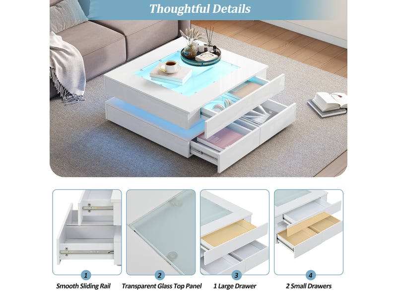  Table basse 70x70x35 cm avec led, 3 tiroirs et plateau en verre trempé, finition brillante, panneau de particules, blanc  - Conforama E