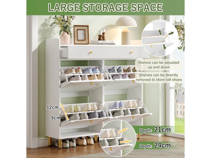 Meuble à chaussures en bois 106,5x25x105,5 cm 2 tiroirs de rangement, 4 portes à compartiments réglables - entrée couloir - blanc  - Conforama E