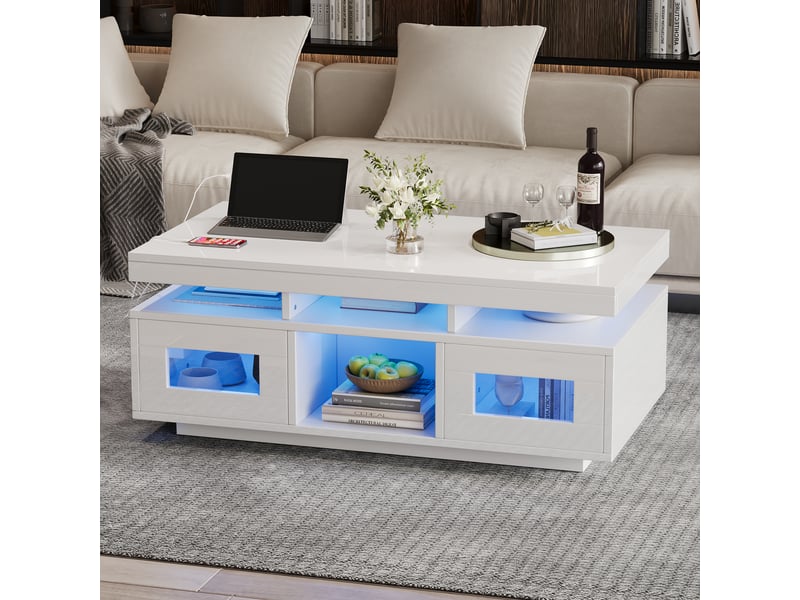  Table basse blanche brillante avec led rgb contrôlable par application, table de salon avec prise et port usb, rangements, 100x50x43 cm  - Conforama R
