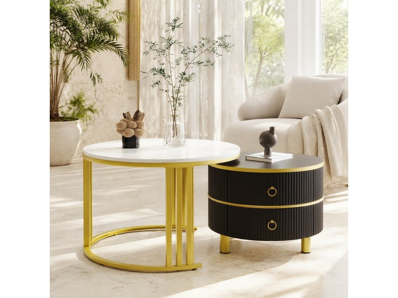 Table basse ronde gigogne avec 2 tiroirs, plateau brillant effet marbre, double rangement pour salon moderne  - Conforama B