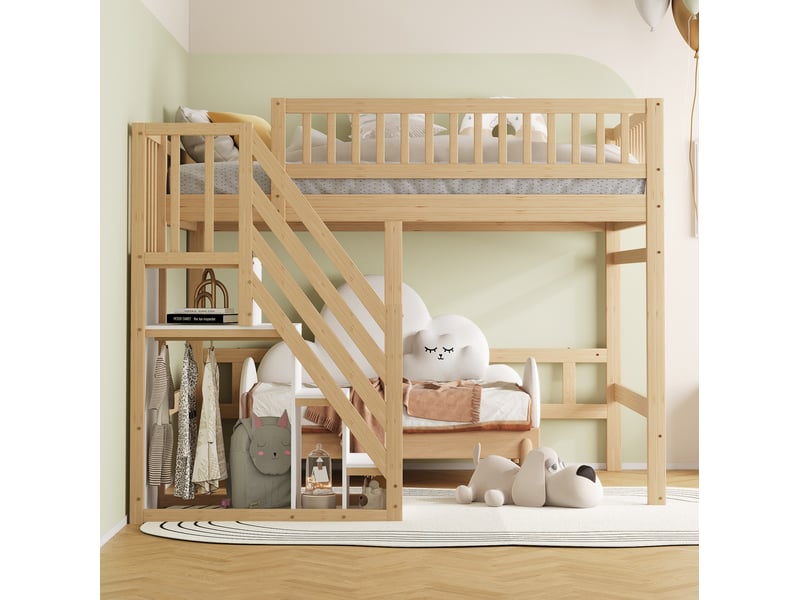  Lit mezzanine enfant 140x200 cm – bois naturel – escalier de rangement intégré, hautes barrières - sans matelas  - Conforama B