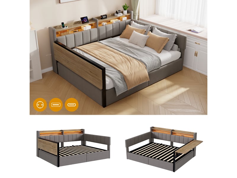  Lit coffre hydraulique 140x200 cm avec led, table rabattable et usb-c, velours gris, structure mdf, sans matelas  - Conforama E