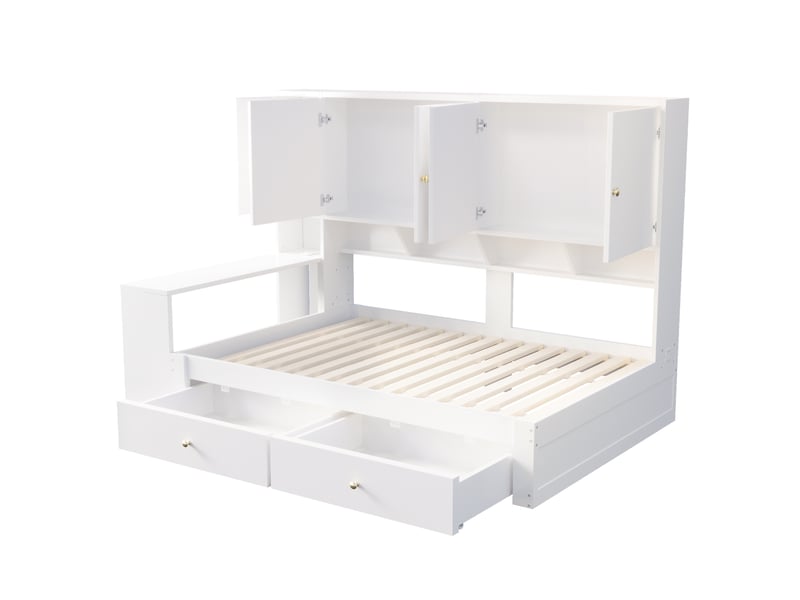 Lit multifonctionnel 90 x 200 cm blanc en mdf, bureau intégré, rangements, prises et éclairage led - Conforama D