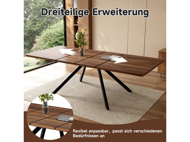  Table à manger rectangulaire extensible 3 longueurs 160200240 x 90 cm en mdf finition noyer, pieds métalliques, 6 à 10 pers.  - Conforama E