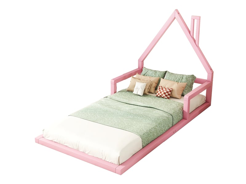  Lit cabane enfant 90x200 cm rose en pin et mdf, sommier à lattes  - Conforama A