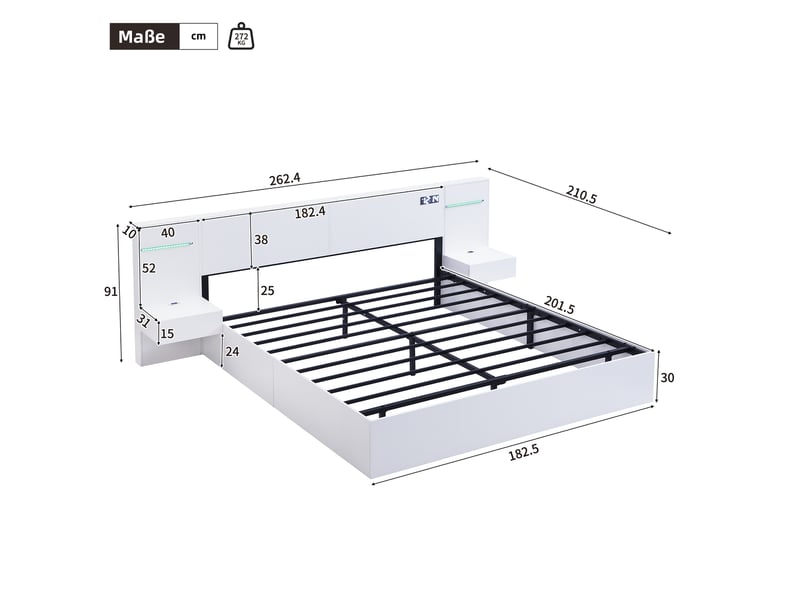  Lit 2 places 180x200 cm – blanc – usb, bluetooth, horloge et éclairage coloré, 2 chevets – sans matelas  - Conforama C