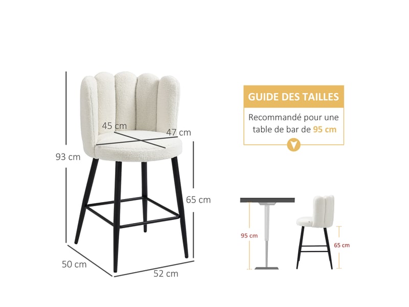  Lot de 2 chaises hautes tabourets de bar avec repose-pieds acier tissu effet laine bouclée hauteur 65 cm crème noir  - Conforama E
