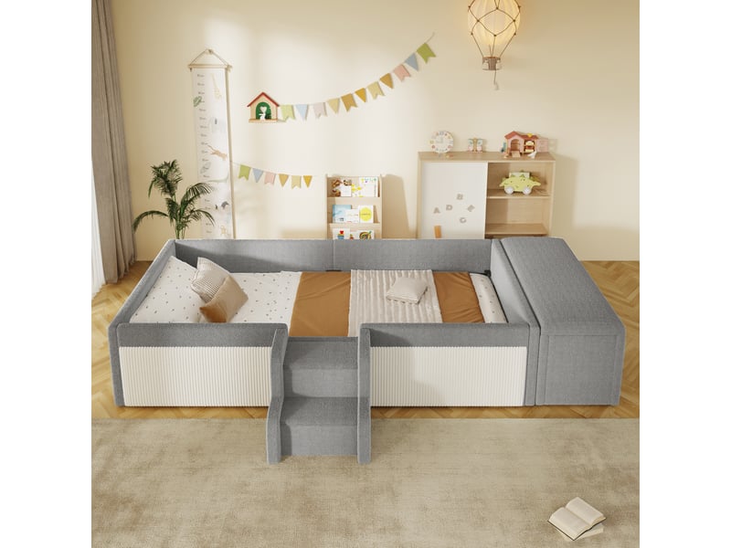  Lit rembourré enfants 90 x 190 cm, petit escalier, banc de lit avec rangement, velours, gris Bliss Lite - Conforama B