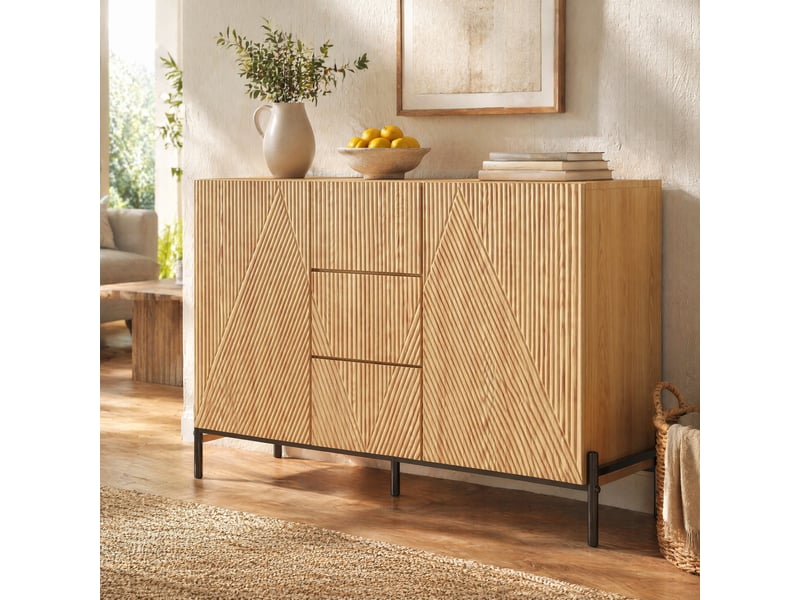 Buffet 2 portes avec tiroir central et pieds en métal - lpospi - façade géométrique mdf naturel 115,5 × 40 × 76 cm - Conforama B